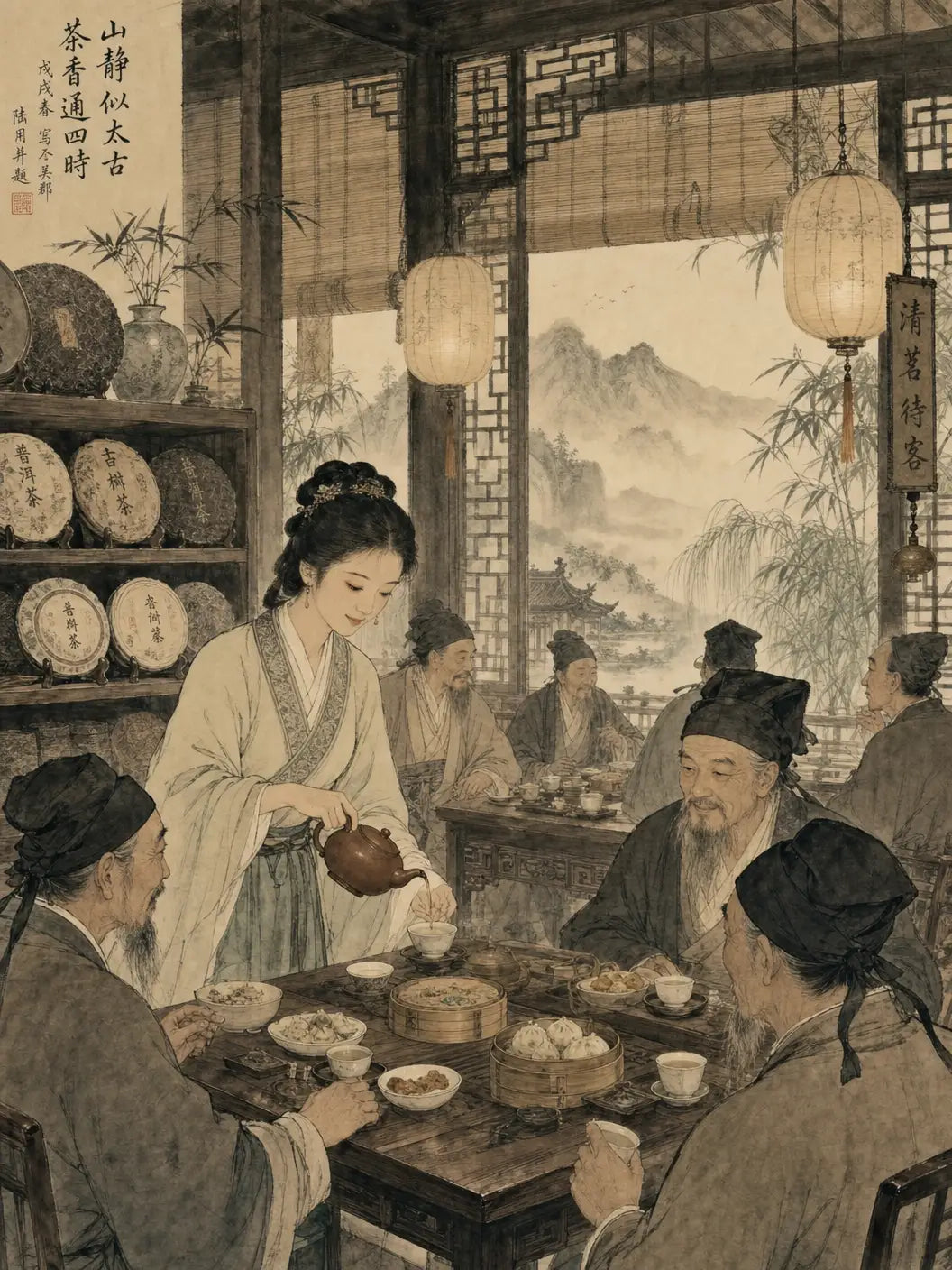 Maison de thé chinoise traditionnelle, scène cantonaise illustrée : le Pu'er servi à table dans la tradition du repas, montagnes du Yunnan en arrière-plan.
