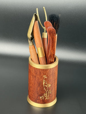 Set d'ustensiles à thé Daothé en bois et laiton rangés dans leur pot, pour le gong fu cha