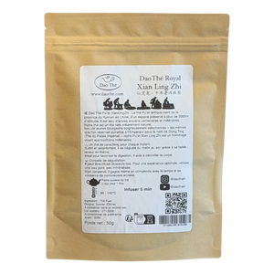 Dos du sachet XianLingZhi Daothé, étiquette produit, conseils d'infusion et traçabilité, Shou Pu'er vieilli 20 ans